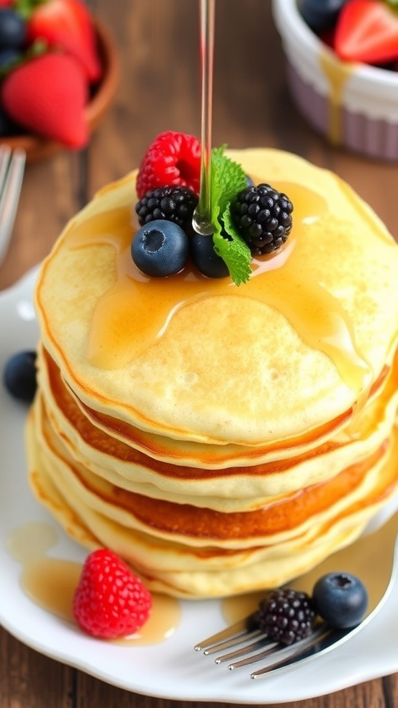 Fluffy almond flour pancakes topped with berries and syrup on a rustic table.